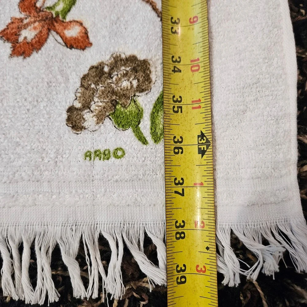 Vtg JCPenney Floral Hand Towel Fringed White Orange Brown 70s Retro USA Made NWT